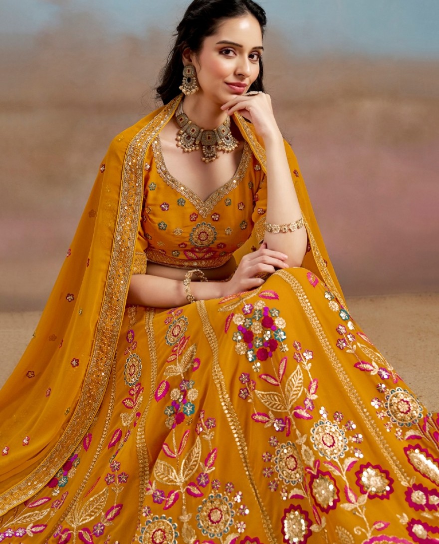 6008- YELLOW - Stunning yellow Thread Work Georgette Engagement Wear Lehenga With Blouse
